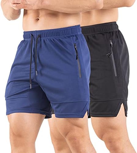 Os shorts de exercícios de 5 da academia masculinos com zíper, shorts atléticos de malha massh de fit seco para executar musculação e treinamento