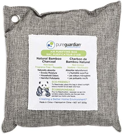 Tecnologias do Guardian Pureguardian CB500 Bolsa de purificação de ar de carvão de bambu de bambu, ecologicamente correto, naturalmente absorve odores, excesso de umidade e poluentes, 500g, cinza