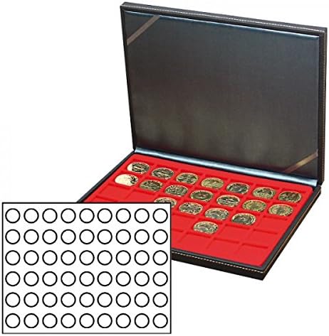 Lindner 2364-2154e Nera M Coin Case com uma inserção vermelha clara com 54 compartimentos redondos. Adequado para moedas com