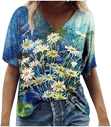 Smidow Moda Moda Moda Tops de verão Casual 2023 Vintage Floral Manga curta V Bush de camiseta solta