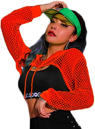 Avidlove Mesh Crop Top Hoodie Tops Rave Tops for Women Long Slaves Fishnet camisa para a festa do clube do festival