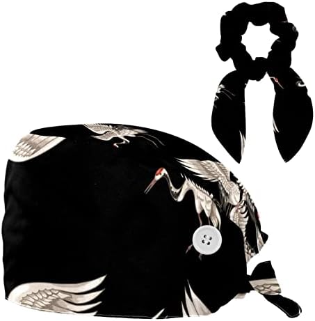 Caps médicos Capinho de trabalho ajustável com botões e cabelos arco e guindastes brancos japoneses em diferentes poses padrão