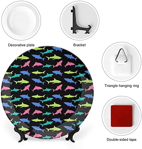 Padrão de tubarão colorido Osso porcelana placa decorativa Placas de cerâmica redonda artesanato com exibição Stand