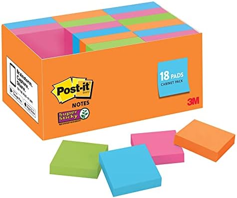 Notas post-its Super Sticky Notes, 1-7/8 x 1-7/8, multicolor, 90 notas por almofada, pacote de 18 pads
