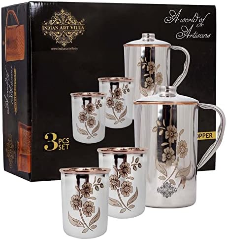Indian Art Villa Steel Copper Drinkware Presente de design floral a laser 1 jarro e 2 vidro com caixa de presente preto,