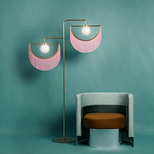 Lâmpada de piso alto de cotclo -180cm com estampa de aço dourado rosa Fringe Simple Tassel Sala de estar criativa Lâmpada de piso 2 luzes