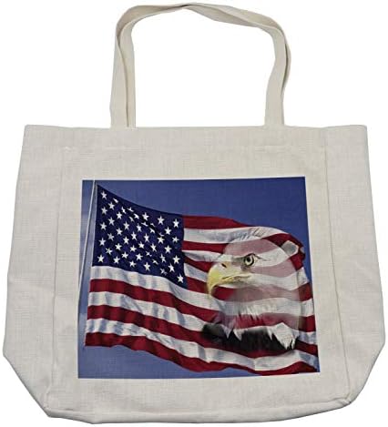 Bolsa de compras da American Flag American American, abençoe a bandeira da América no vento com a imagem de cidadão de exposição dupla Eagle, bolsa reutilizável ecológica para a praia de mercearias e mais, 15,5 x 14,5, creme