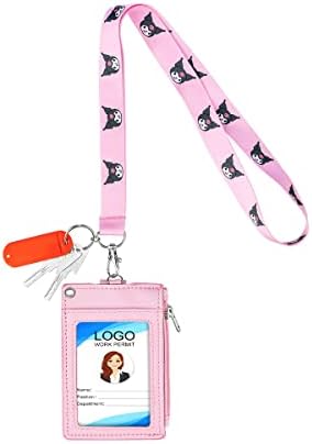 【2023 mais recente】 Cute ID Id Badge Titular com cordão, suporte de carteira de carteira de couro PU com zíper bolacha de carteira