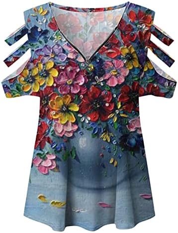 Blusa Yayiya camiseta para meninas de manga curta 2023 fora do ombro algodão vneck zip up blouse de flor de impressão gráfica jz jz