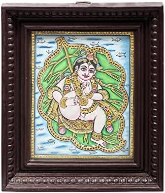 Índia exótica 11 x 13 Vatapatra-shayi Krishna Tanjore Pintura | Cores tradicionais com ouro 24K | Teakwood Fra