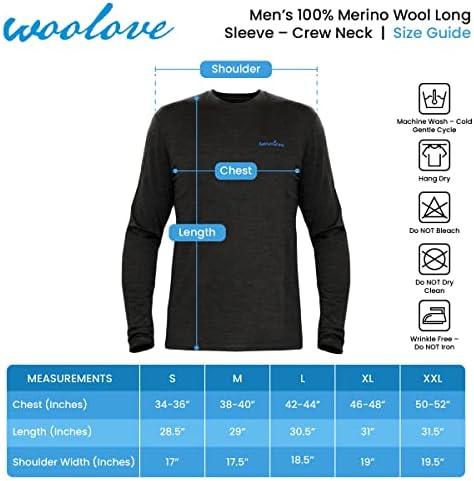 Woolove Merino Wool Base Camada - Camisa de pescoço de manga longa masculina 190g - Midweight, resistente ao odor, térmica