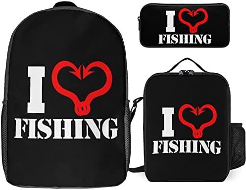 Eu amo pescando os conjuntos de mochilas da escola de gancho para estudantes para estampados estampados de estampa estampada com uma