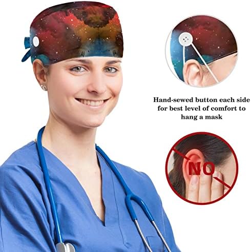 Chapéus cirúrgicos e conjunto de scrunchie de coelho, Space Universe Planet Caps de esfoliação ajustável com botão para mulheres médicas