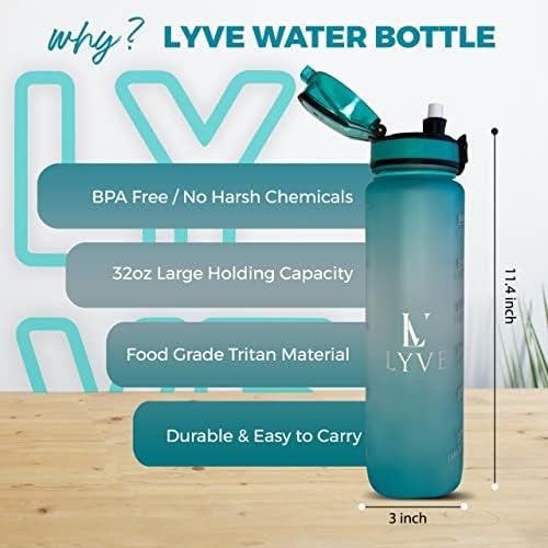 Lyve Motivational Water Bottle com palha - 32 oz de bebida à prova de vazamento Garrafa de água para fitness ao ar livre e academia - garrafas de água com horários para beber cerceta