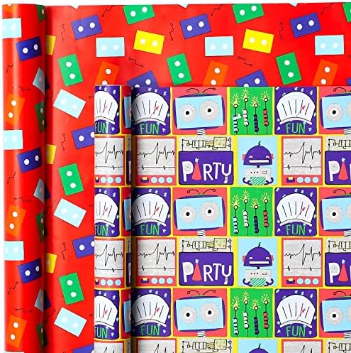 Conjunto de papel de embrulho de aniversário da Packanewly - ROLO ROBOT GREST para crianças, meninos, meninas - 30 polegadas x 10 pés