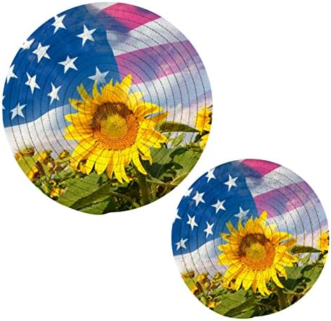 Sunflower Field American Flag Trivets Para pratos quentes, detentores de maconha conjunto de 2 peças Pads quentes para trivetes