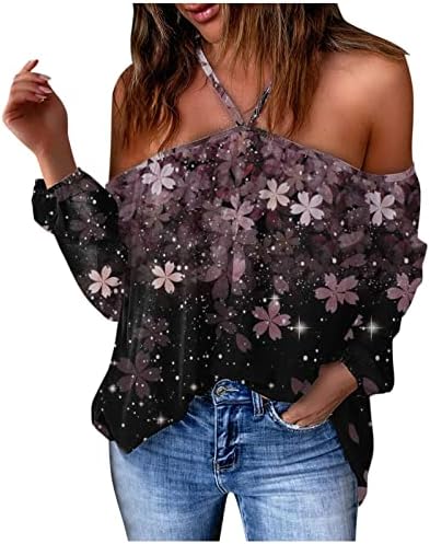 Camiseta superior para manga longa para mulheres do ombro V Neck sem costas Halter gráfico de impressão Flor Flor Lounge Sexy Tshirt