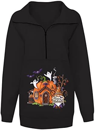 BEUU Pumpkin Print Pullover Tunic Tops Halloween camisas para mulheres Stand colar meio zíper de manga comprida Sweethirts finos