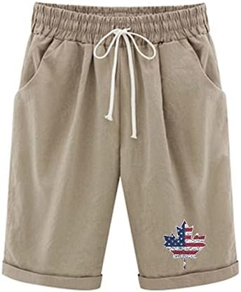 Shorts bermudas de linho de algodão para mulheres casuais solto 4 de julho calça calça elástica de cintura alta praia com bolsos