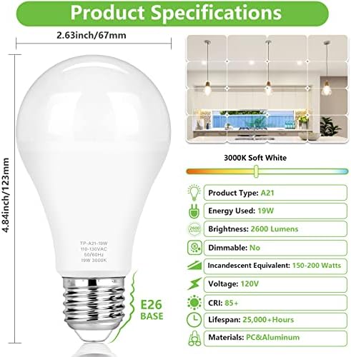 Bulbos LED equivalentes a 150 watts, lâmpadas LED equivalentes de 150 watts, 3000k branco macio, 2600 lúmens, base e26, lâmpadas comerciais não minimizáveis ​​e 19W para quarto de estar, pacote comercial de 6