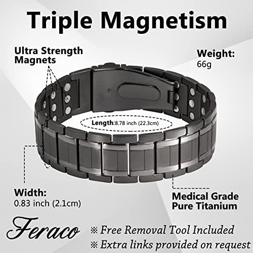 Feraco Linfonia de pulseiras magnéticas para homens de força tripla para dores de artrite e alívio do túnel do carpo puro titânio