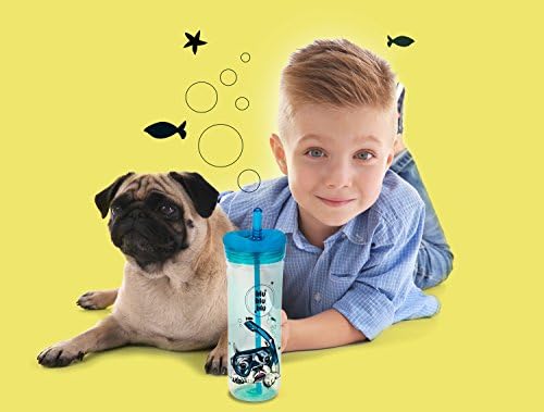 Q me cães felizes azul blu blu garrafa de água: 25,4 onças Trundy Transparent Tritan Tumbler com tema de estimação e cachorro, tampa e palha embutida para crianças