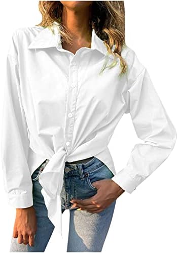 Button Down Down para mulheres, elegante camisa de lapela impressa com trespassado Slim Fit Tshirts Botões de manga longa Tops