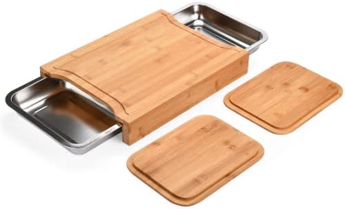 Prosumer's Choice's Choice não deslizamento Bamboo Placa de corte com recipientes embutidos e armazenamento- tábua de cortar com tábua de bandeja- quadro de corte de madeira para serviço pesado- para vegetais, frutas, carnes