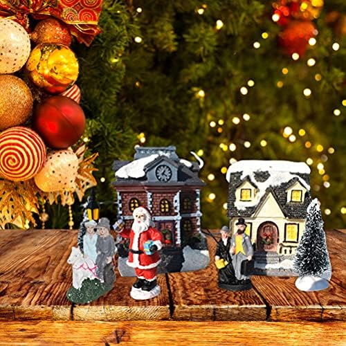 CXWLD 10pcs lideraram casas da aldeia de Natal, enfeites de natal de resina, iluminando estatueta de natal diy, minúscula cena neve vila decoração para a mesa de casa decoração