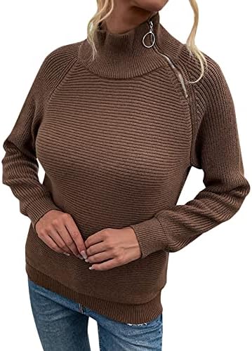 Camisolas para mulheres cair racha de manga comprida suéter de pulôver de cor sólida de cor sólida gurtleneck up tops brown brown