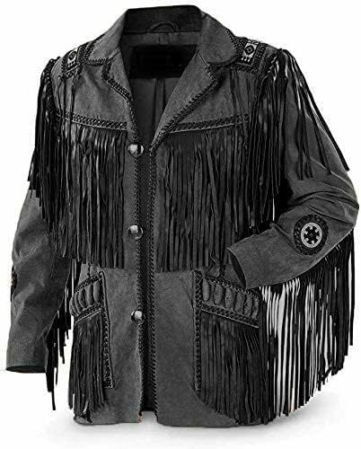 Propriedade de qualidade da jaqueta de couro Western tradicional de cowboy masculino | Casado de camurça nativo americano com contas e franjas