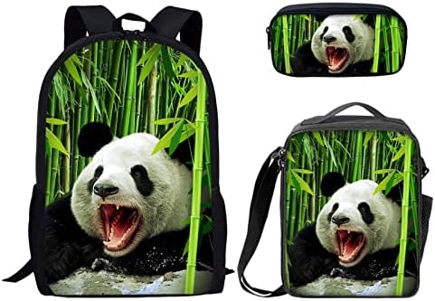 Uniceu Animal Panda 3D Impresso, Mochila de ombro de lona de 17 polegadas com lancheira térmica e caixa de lápis, garotos garotas bookbag