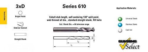 Guhring 9006100032600 3XD Series 610 Broca de comprimento de stub de cobalto, líquido de arrefecimento externo, ponto de