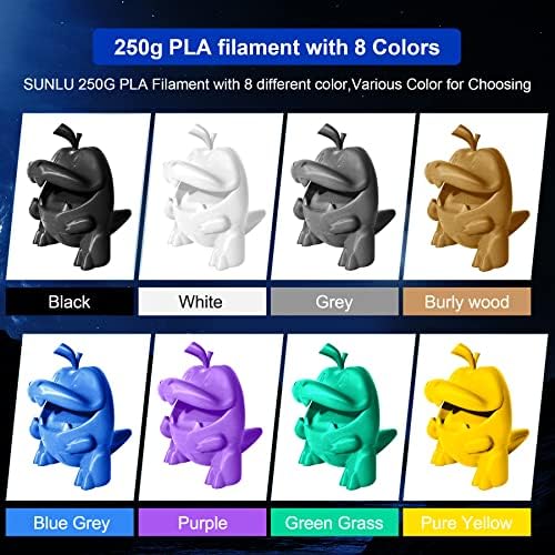 SUNLU 250G PLA Filamento de 1,75 mm de pacote e secador de filamentos S1, precisão dimensional +/- 0,02 mm, 0,25 kg de bobo, 8 rolos, preto+branco+cinza+madeira corpulento+roxo+cinza azul+grama+grama+amarelo puro+amarelo puro