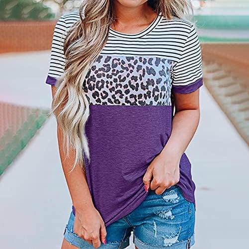 Camisetas para damas de manga curta para gola spandex bloco colorido de leopardo camisetas listradas meninas adolescentes