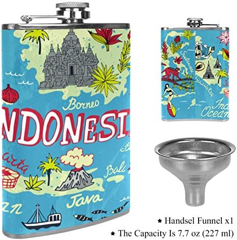 Balão de quadril para bebidas inoxidáveis ​​à prova de vazamento de aço inoxidável com funil 7,7 oz de couro, ótima ideia de presente de presente - mapa da Indonésia