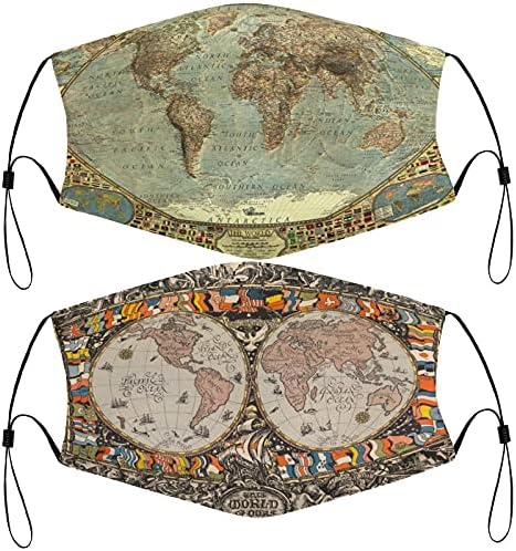 Mapas do mundo vintage Mascas de rosto ajustáveis ​​com 4 filtros ajustáveis. Máscaras de capa da boca