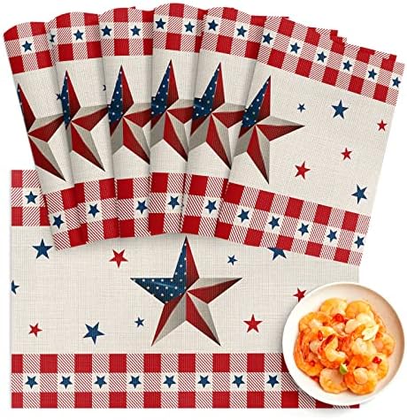 4 de julho Country Star Placemats Conjunto de 6, tapetes de mesa de cozinha laváveis ​​de PVC, Dia da Independência Patriótico Vermelho