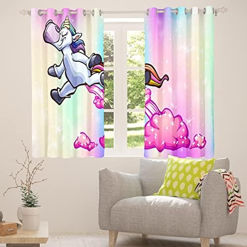 Cortinas de unicórnio de cocô de unicórnio peidando cortinas de unicórnio de corda de corante arco -íris cortinas de blecaute para