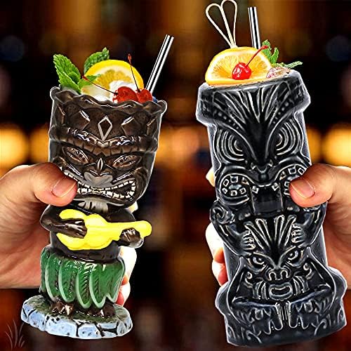 Copos tiki para coquetéis canecas Tiki Conjunto de 16 xícaras de festas em cerâmica decoração de bar de bar criativo Tiki conjunto de copos havaianos grandes decorações de barra de bebida tiki
