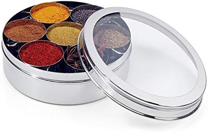 Caixa de especiarias de aço com caixa de organizador de especiarias da tampa acrílica, indiana masala dabba com 7 contêineres
