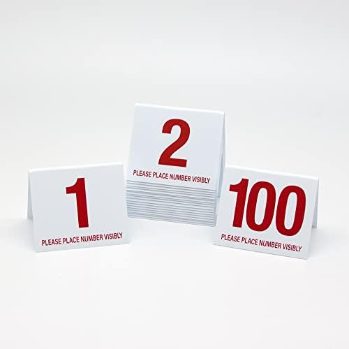Números de mesa, números 1-100, restaurante, serviço de alimentação e números de casamento, plástico, estilo de tenda, branco com números vermelhos