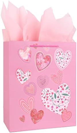 12,6 Bolsa de presente grande com papel de seda, bolsa de presente com design de amor para o Dia dos Namorados, Dia das Mães, aniversário,