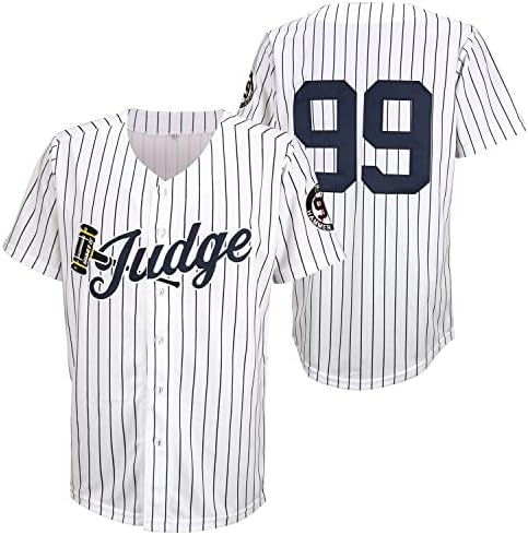 Hammer of Judge 99 Baseball Jersey Bordeded Patches costurados camisa branca com listras da Marinha