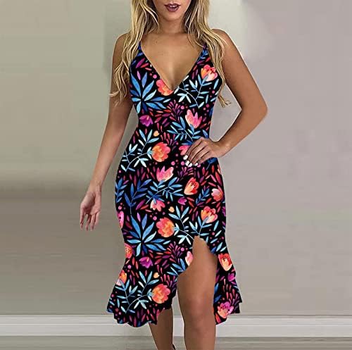 Vestido de praia de verão feminino LCZIWO 2023 estampa casual Spaghetti Strap V Disconk Sleeseless Slim Ruffle Irregular Hem Midi Dress