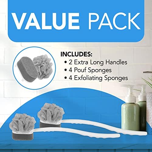 [2 pacote] escova de esfoliação de manuseio extra longa para chuveiro com bucha e esponja esfoliante para um brilho radiante