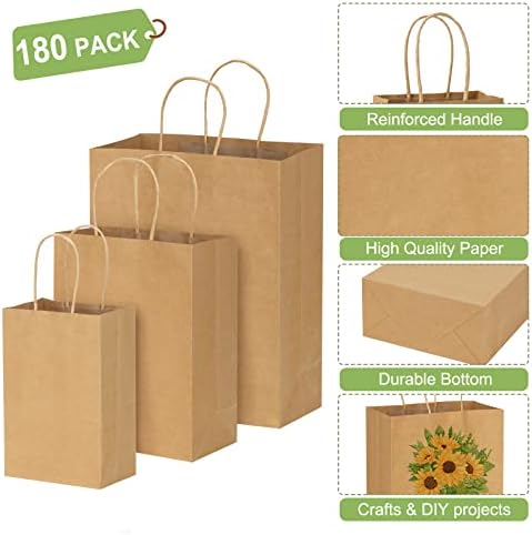 Tomnk 180pcs sacos de papel marrom com alças sacos de presente de tamanho misto a granel, sacos de papel kraft para negócios, sacolas de compras, sacolas de varejo, sacos de mercadorias