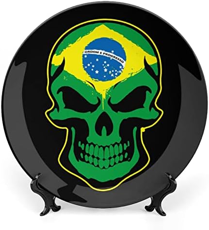 Brasil Flavel Skull Funny Bone China Decorativa Placas de cerâmica redonda Craft With Display Stand for Home Office Wall Decoration