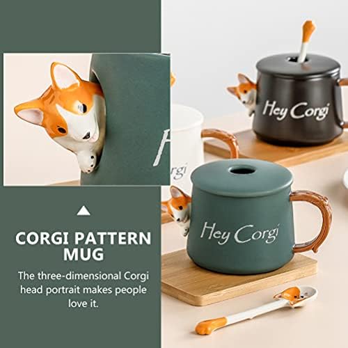 Copo de leite de chá de caneca de caneca de café de cerâmica Doitool com tampa e colher de desenho animado Corgi em forma de caneca