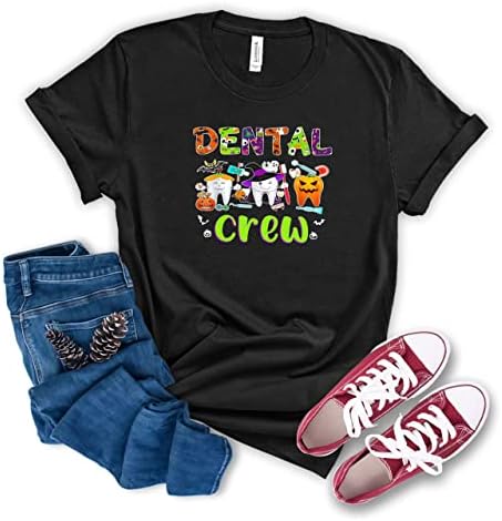 Camisa de tripulação dentária, camisa dentária de Halloween, camiseta assustadora de dentes, camisa dentista de Halloween, camiseta de esquadrão dental rgxv l preto/branco